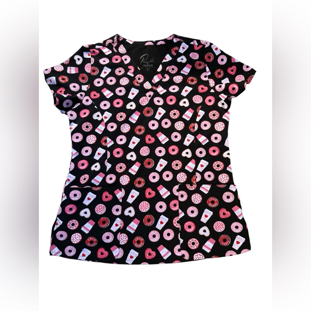 Maevn Printed Valentines Scrub Top Pink Black Doughnuts
